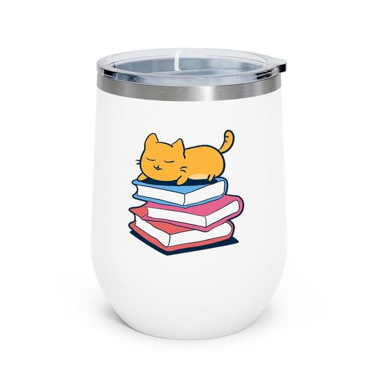 Cute Cat Sleeping On Book Bookworm Librarian Gift Wine Tumbler