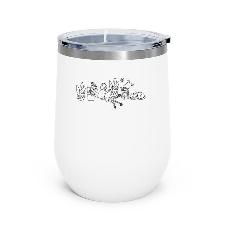 Cute Doodle Cats With Houseplants Cat Lover Plant Mom  Wine Tumbler