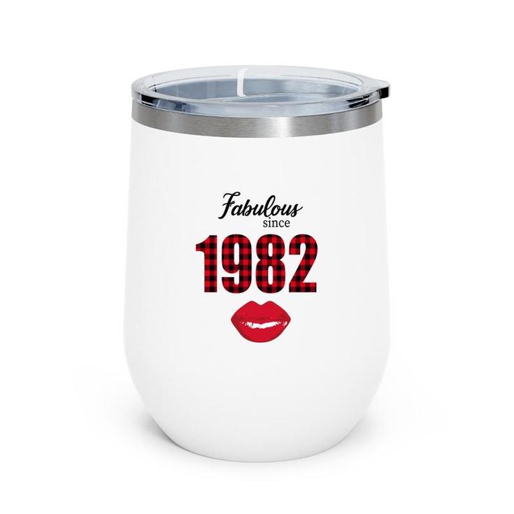 Fabulous Since 1982 Black Red Plaid Lips Happy 40Th Birthday Wine Tumbler
