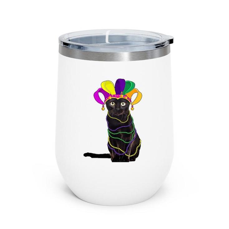 Funny Black Cat In Mardi Gras New Orleans Carnival Costume Wine Tumbler