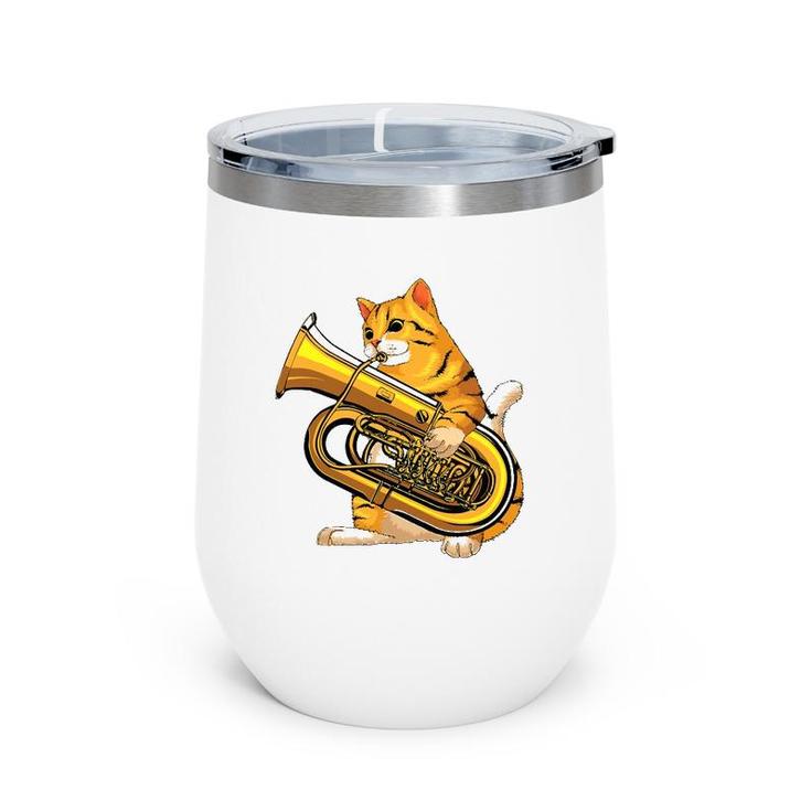 Funny Cat Playing Tuba Gift Cute Kitten Musician Fan Wine Tumbler