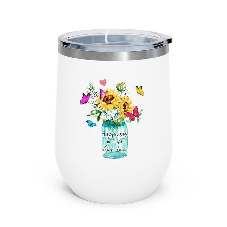 Grandmother Gift Happiness Is Being A Grandma Sunflowers Butterflies Wine Tumbler
