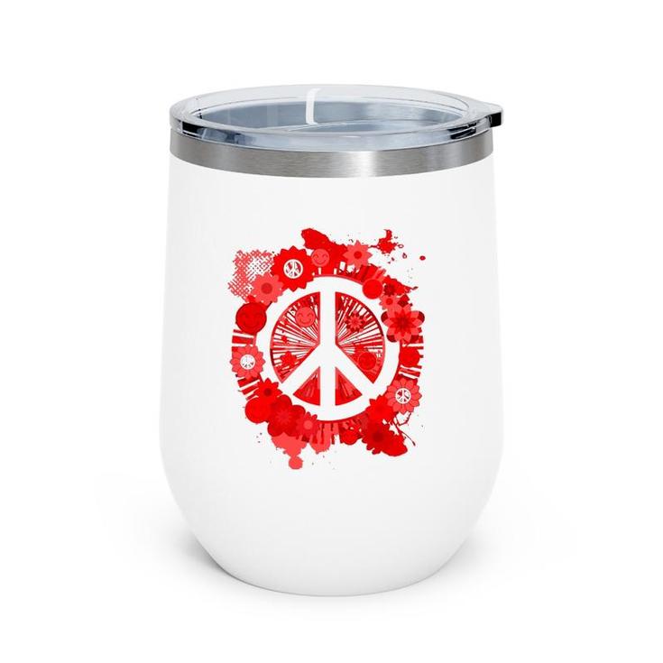 Red Peace Sign 70S Hippie Happiness Flowers Wine Tumbler