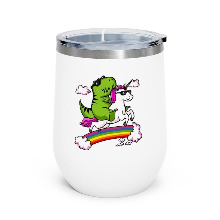 T-Rex Dinosaur Riding Unicorn Funny Rainbow Wine Tumbler
