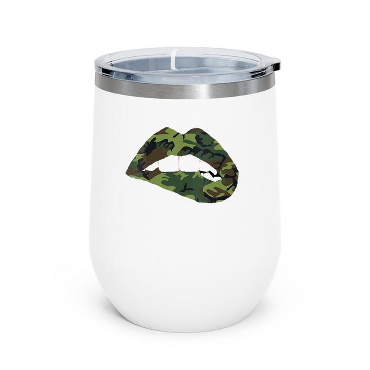 Womens Camouflage Lips Mouth Military Kiss Me Biting Camo Kissing V-Neck Wine Tumbler