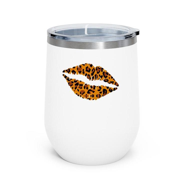 Womens Cheetah Print Kissing Lips  Leopard Pattern Kiss Gift Wine Tumbler