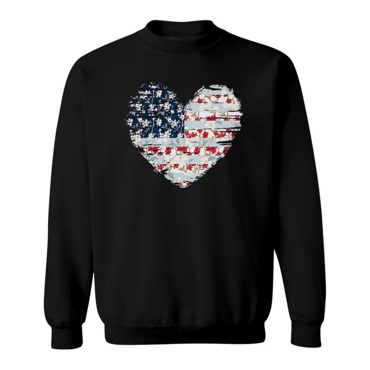 4Th Of July  For Women American Flag Floral Heart Gift Sweatshirt