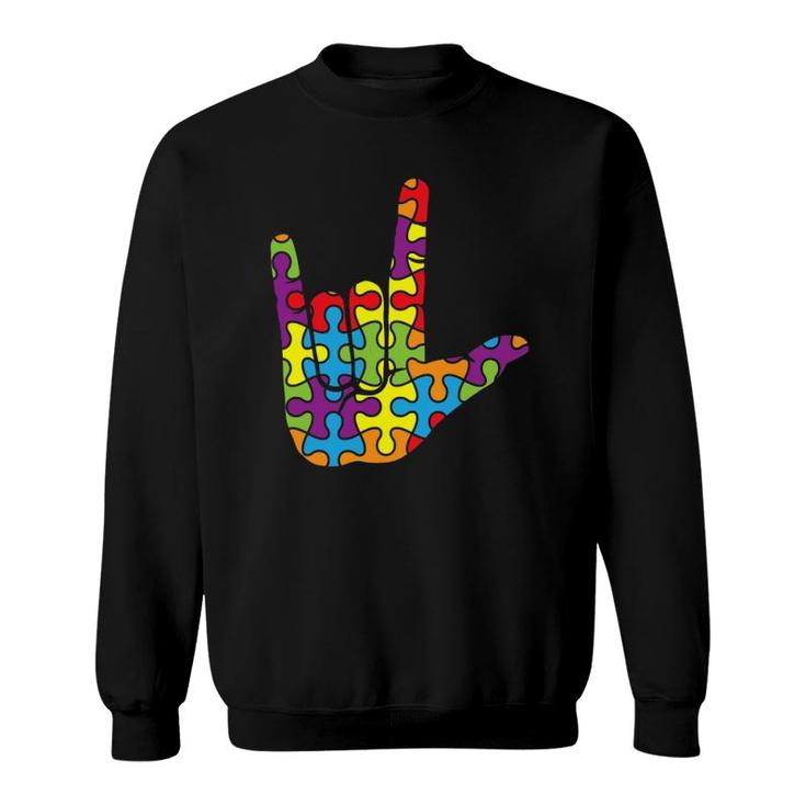 Asl Love Sign Language - Autistic Puzzle Autism Awareness Sweatshirt