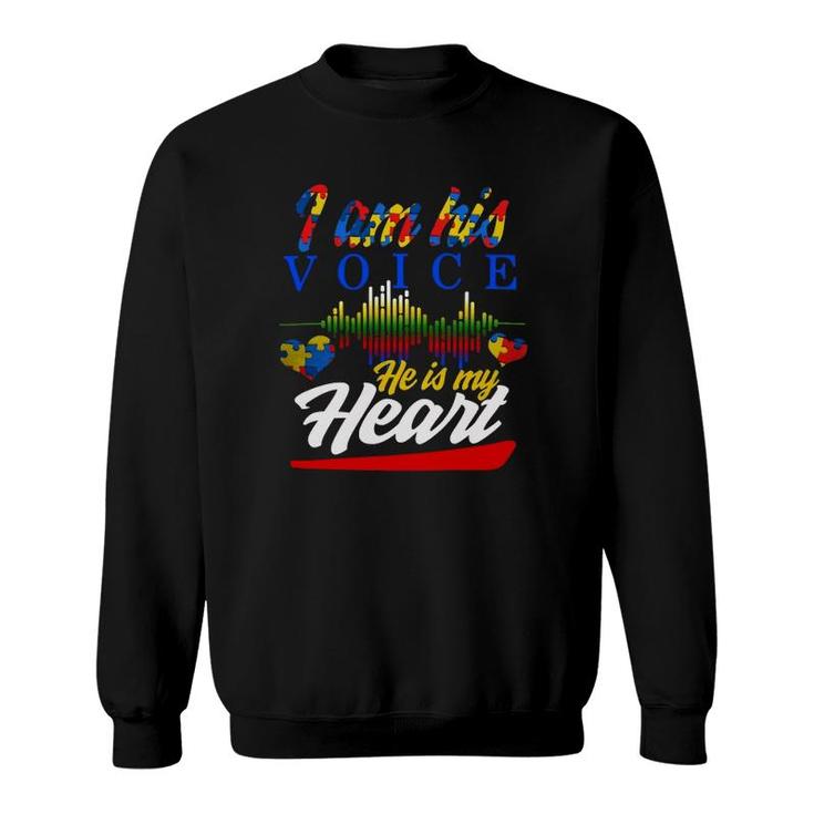 Autism I Am His Voice He Is My Heart Autism Awareness Gift Hearts Heartbeat Puzzle Pieces Women Mom D Puzzle Pieces Sweatshirt