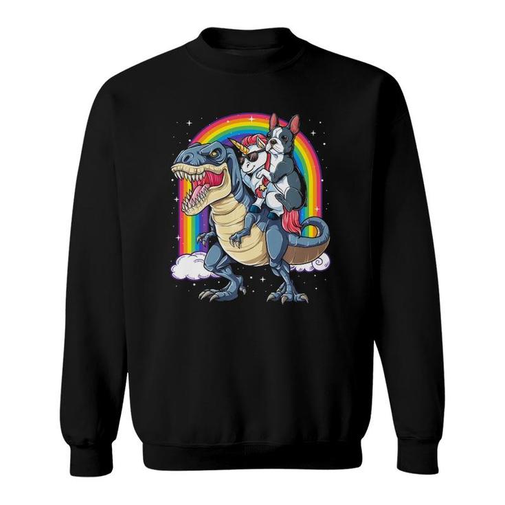 Boston Terrier Unicorn Riding Dinosaur T Rex Girls Rainbow  Sweatshirt
