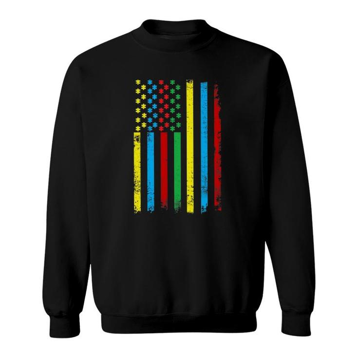 Colorful Usa Flag Puzzle Pieces World Autism Awareness Tee Sweatshirt