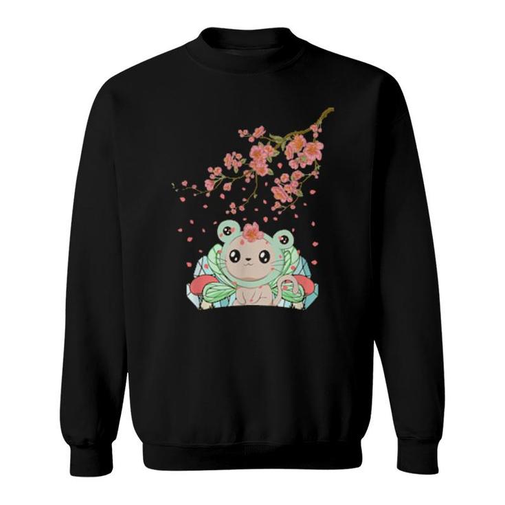 Fairycore Aesthetic Fairy Cat Frog Head Cherry Blossom Sweatshirt
