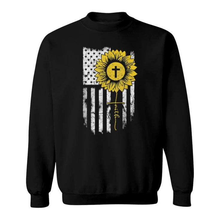 Faith Sunflower Cross Jesus Flag American Usa Christian  Sweatshirt