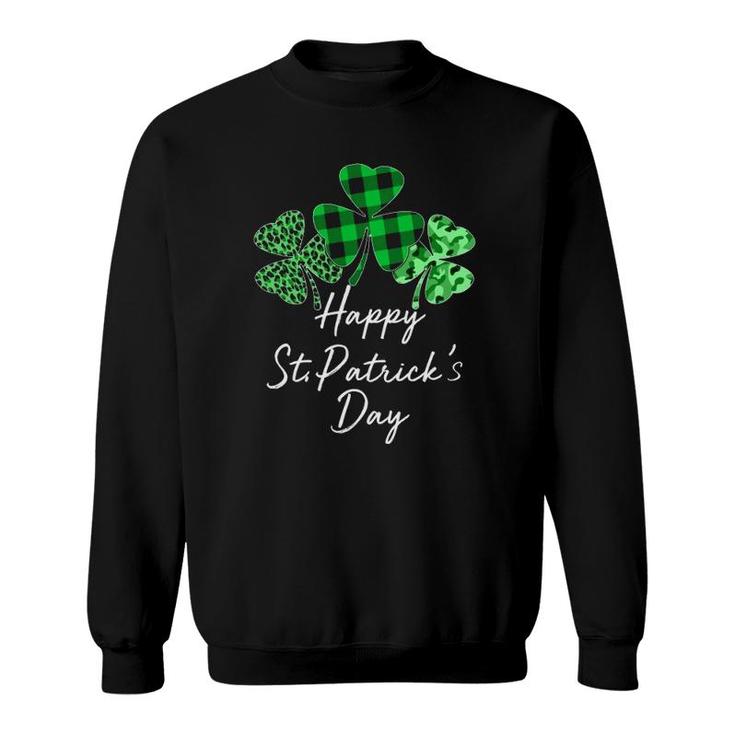Happy St Patricks Day Plaid Shamrock Leopard Camouflage Gift Sweatshirt
