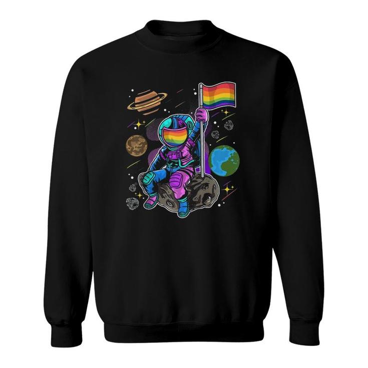 Lgbt Astronaut With Rainbow Pride Flag Sitting On The Moon Raglan Baseball Tee Sweatshirt