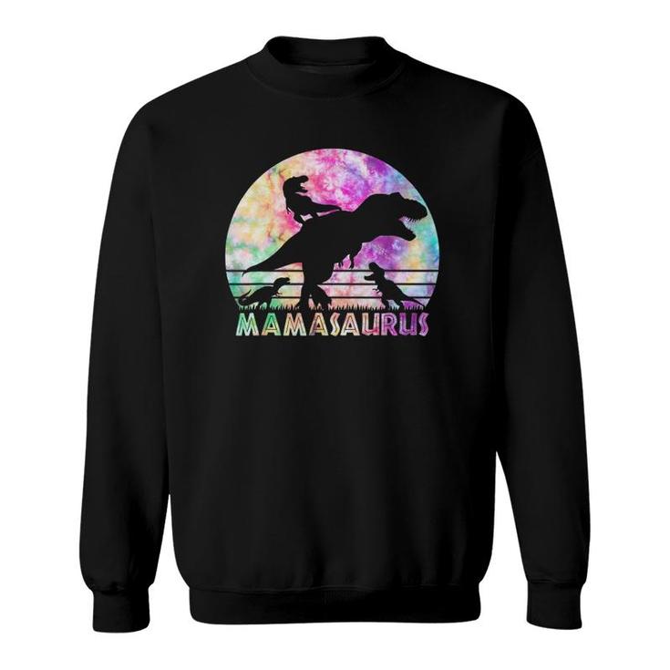 Mamasaurus Tie Dye Sunset Funny Dinosaur Mother Of 3 Kids Sweatshirt