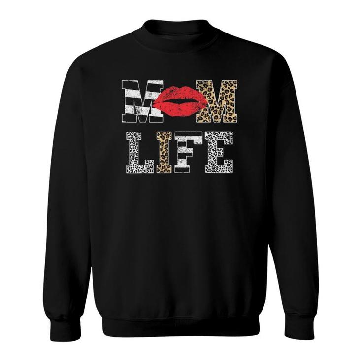 Mom Life Vintage Leopard Pattern Red Lips Mother's Day Sweatshirt