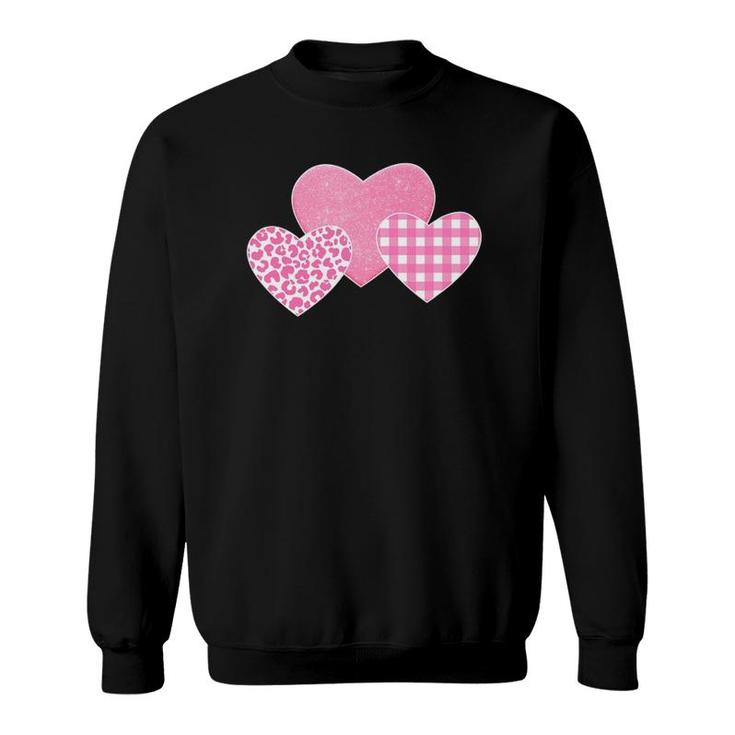 Valentine's Day Pink Leopard Buffalo Plaid Hearts Kids Girls Sweatshirt