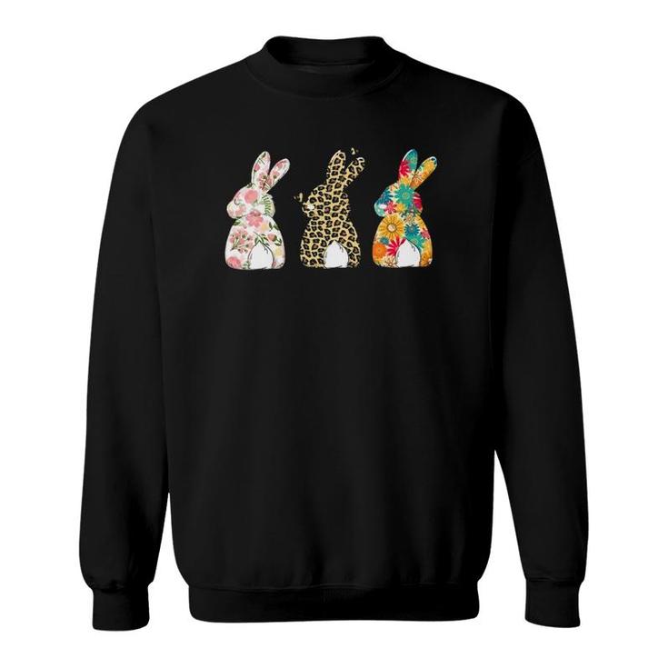 Womens Cute Easter Bunnies Leopard Bunny And Flower Bunnies Sweatshirt