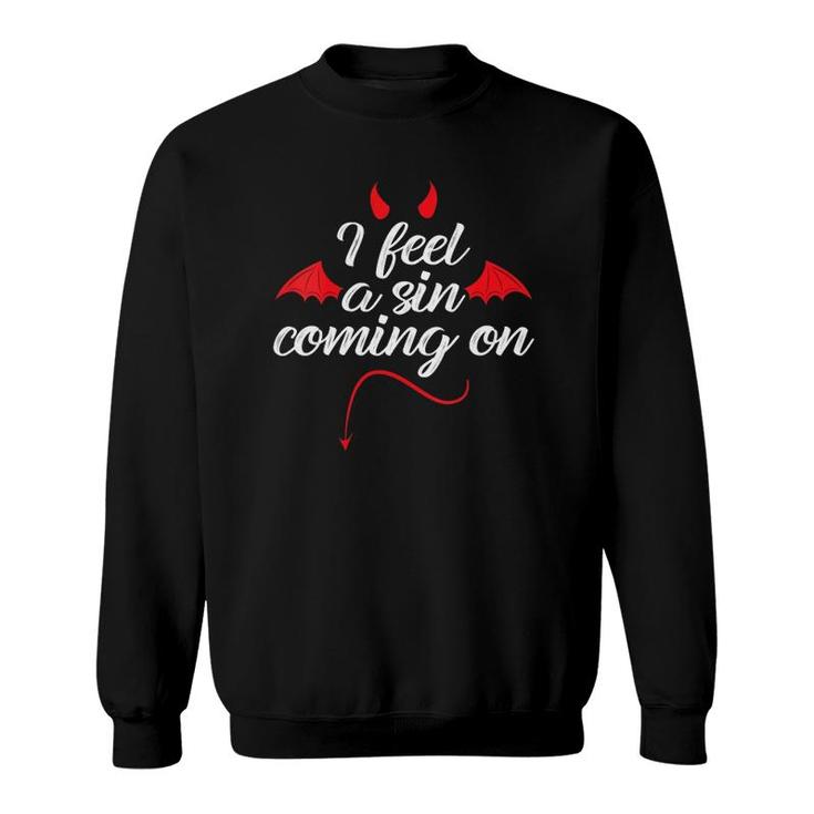 Womens I Feel A Sin Coming On Halloween Devil Horns And Tail Lover V-Neck Sweatshirt