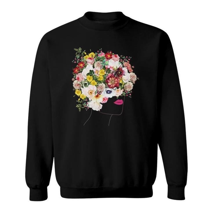 Womens Portrait With Floral Hair Botanical Inspired Flowers Graphic V Neck Sweatshirt