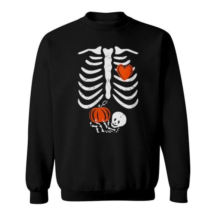 Womens Skeleton Heart Rib Cage Xray Pumpkin Halloween Sweatshirt