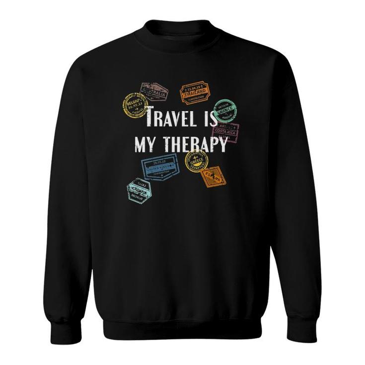 Womens Travel Is My Therapy Distressed World Traveler Passport V-Neck Sweatshirt