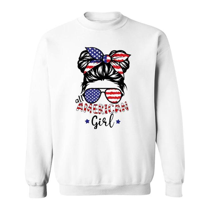 All American Girls 4Th Of July  Daughter Messy Bun Usa Sweatshirt