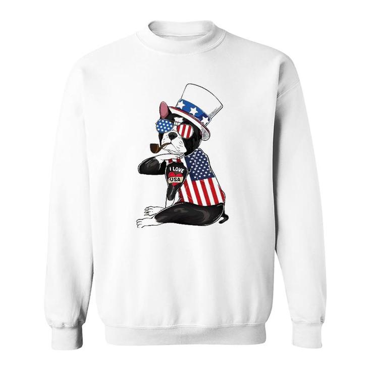 Boston Terrier Dog Merica 4Th Of July Usa American Flag Men Sweatshirt