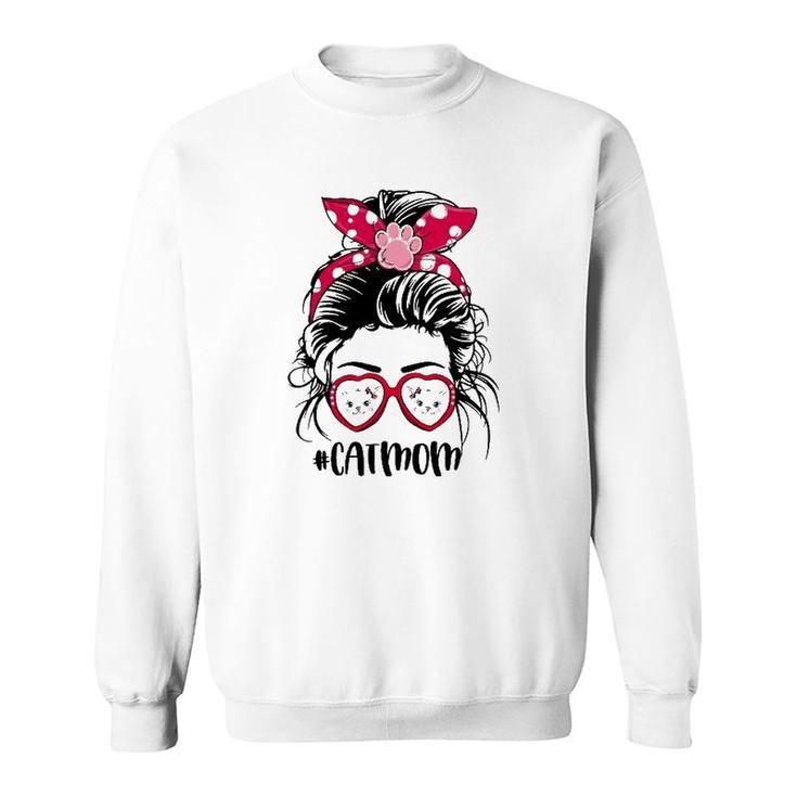 Cat Mom For Cat Faces Lovers Paw Print Heart Sunglasses Mother's Day Messy Bun Hair Polka Dots Bandana Sweatshirt