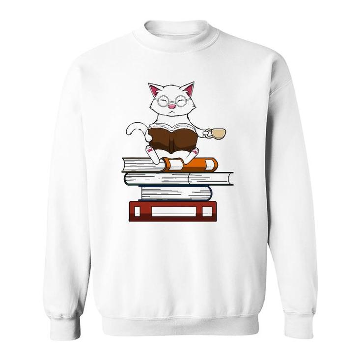 Funny Cat Kitty Reading Books Coffee Sweatshirt