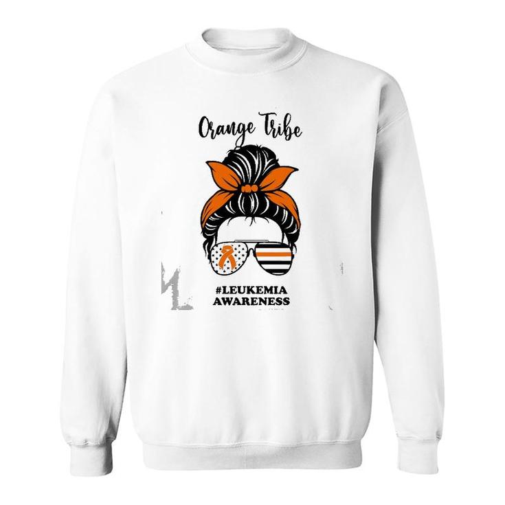 Leukemia Awareness Orange Tribe Ribbon Messy Bun Support Sweatshirt