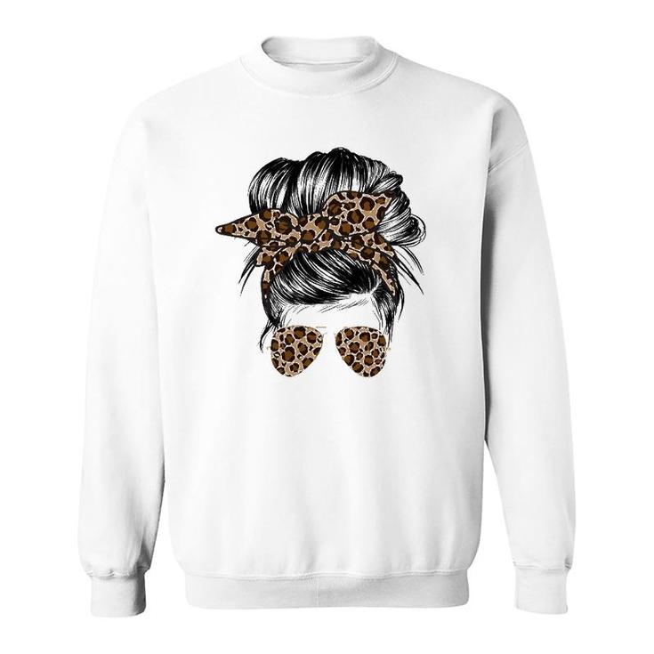 Messy Bun Mom Leopard Messy Hair Bun Mom Life Cool Cheetah Sweatshirt
