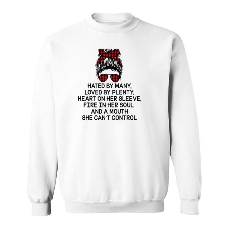 Nurse Hated By Many Loved By Plenty Heart On Her Sleeve Fire In Her Soul And A Mouth She Can’T Control Messy Bun Buffalo Plaid Bandana Sweatshirt