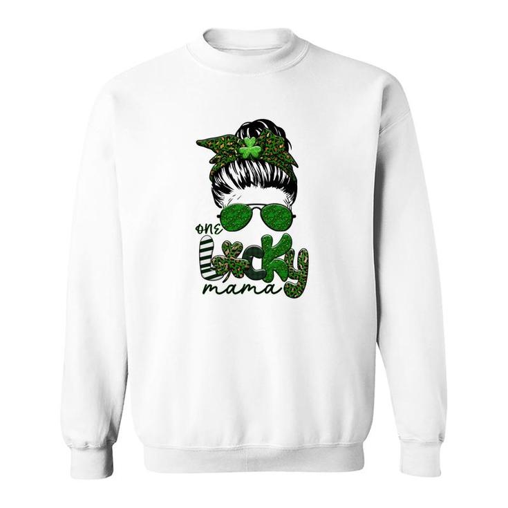 One Lucky Mama Messy Bun Leopard Design Happy St Patricks Day Sweatshirt