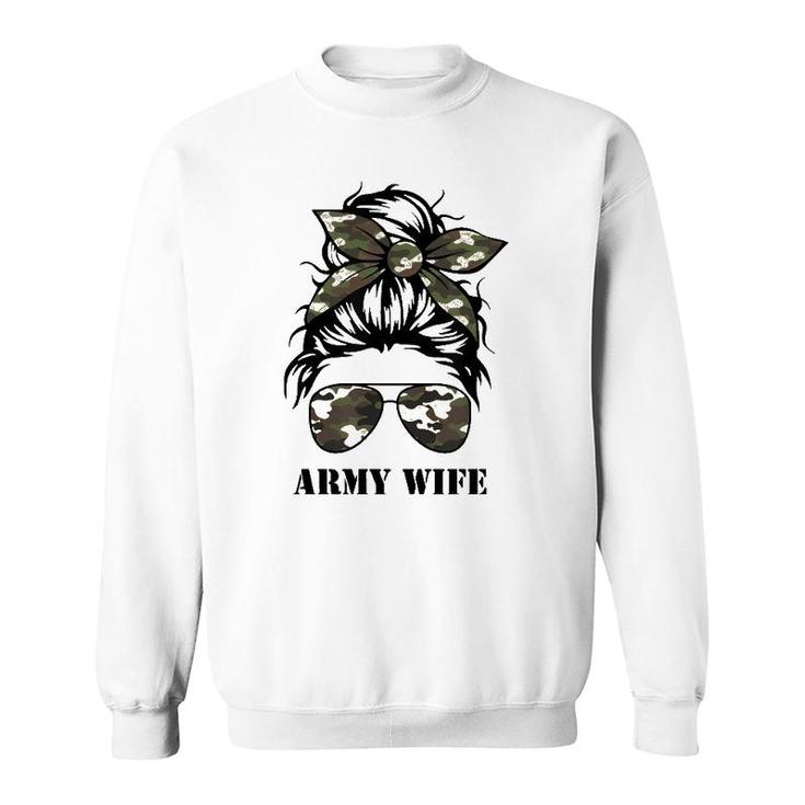 Proud Army Wife Messy Bun Camo Flag Spouse Military Pride Pullover Sweatshirt