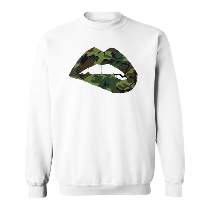 Womens Camouflage Lips Mouth Military Kiss Me Biting Camo Kissing V-Neck Sweatshirt