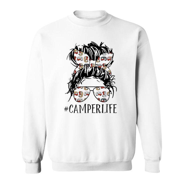 Womens Camper Life Messy Bun Hair Mother's Day Camping Lovers Tees V-Neck Sweatshirt