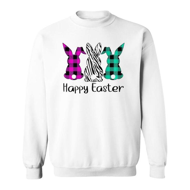 Womens Happy Easter Plaid Zebra Print Bunnies Easter  Sweatshirt