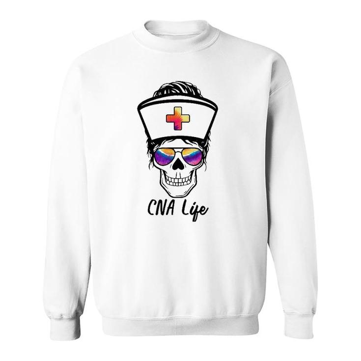 Womens Tu Messy Bun Skull Nurse Cna Life Nursing Tie Dye Gift Sweatshirt