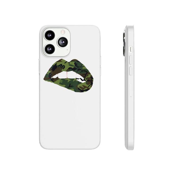 Womens Camouflage Lips Mouth Military Kiss Me Biting Camo Kissing V-Neck Phonecase iPhone