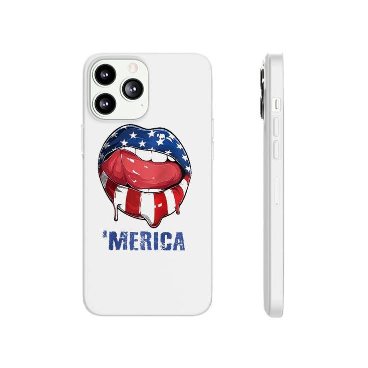 Womens 'Merica American Flag Mouth Lips 4Th Of July Teens Women Raglan Baseball Tee Phonecase iPhone