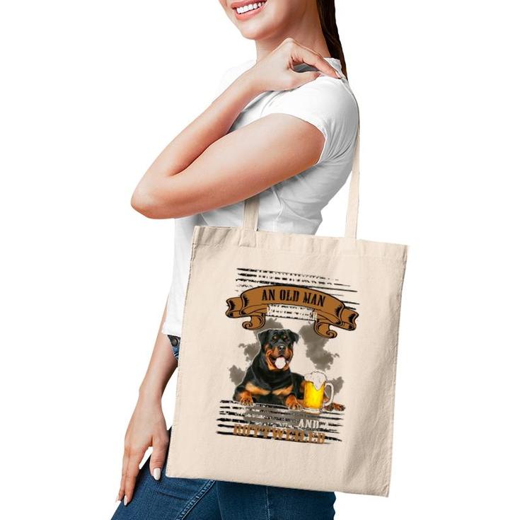 Happiness Is Old Man With Beer And A Rottweiler Sitting Near Tote Bag