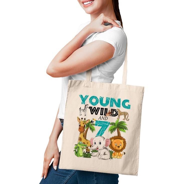 Kids Young Wild And 7 - 7Th Birthday Safari Zoo Animal Jungle Tote Bag