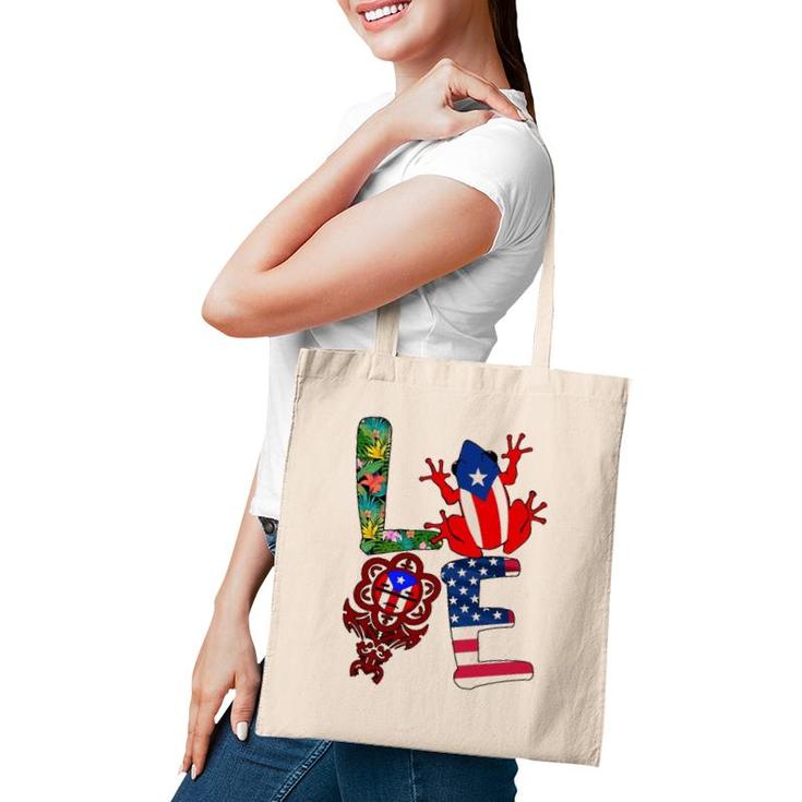 Love Puerto Rico Puerto Rican Flag Symbols Frog Atabey American Flag Floral Tote Bag