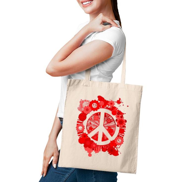 Red Peace Sign 70S Hippie Happiness Flowers Tote Bag