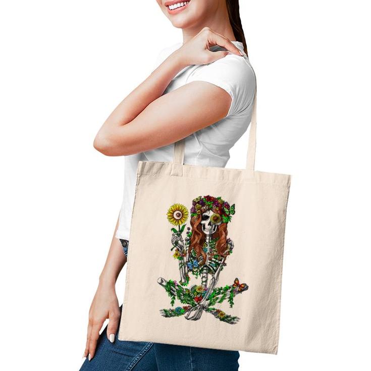 Skeleton Hippie Psychedelic Sunflower Nature Floral Women Tote Bag