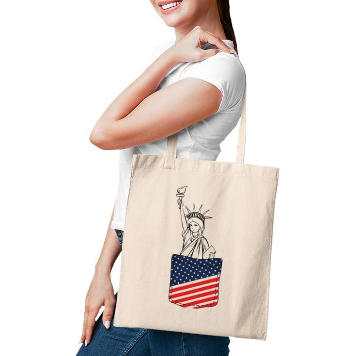 Statue Of Liberty Pocket 4Th Of July Patriotic American Flag Tote Bag