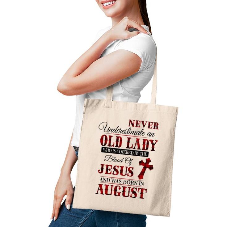 Womens An Old Lady Who Is Covered By The Blood Of Jesus In August Tote Bag