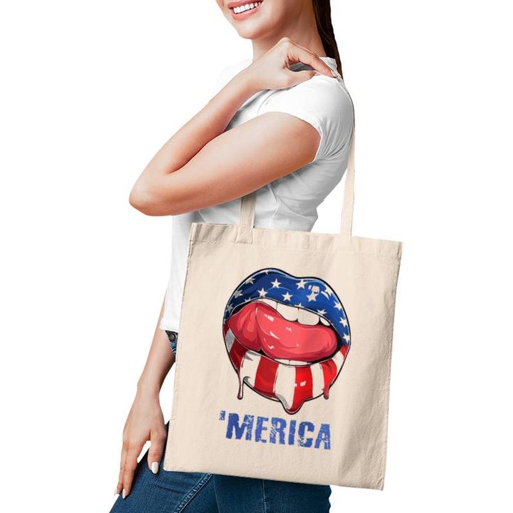 Womens 'Merica American Flag Mouth Lips 4Th Of July Teens Women Raglan Baseball Tee Tote Bag